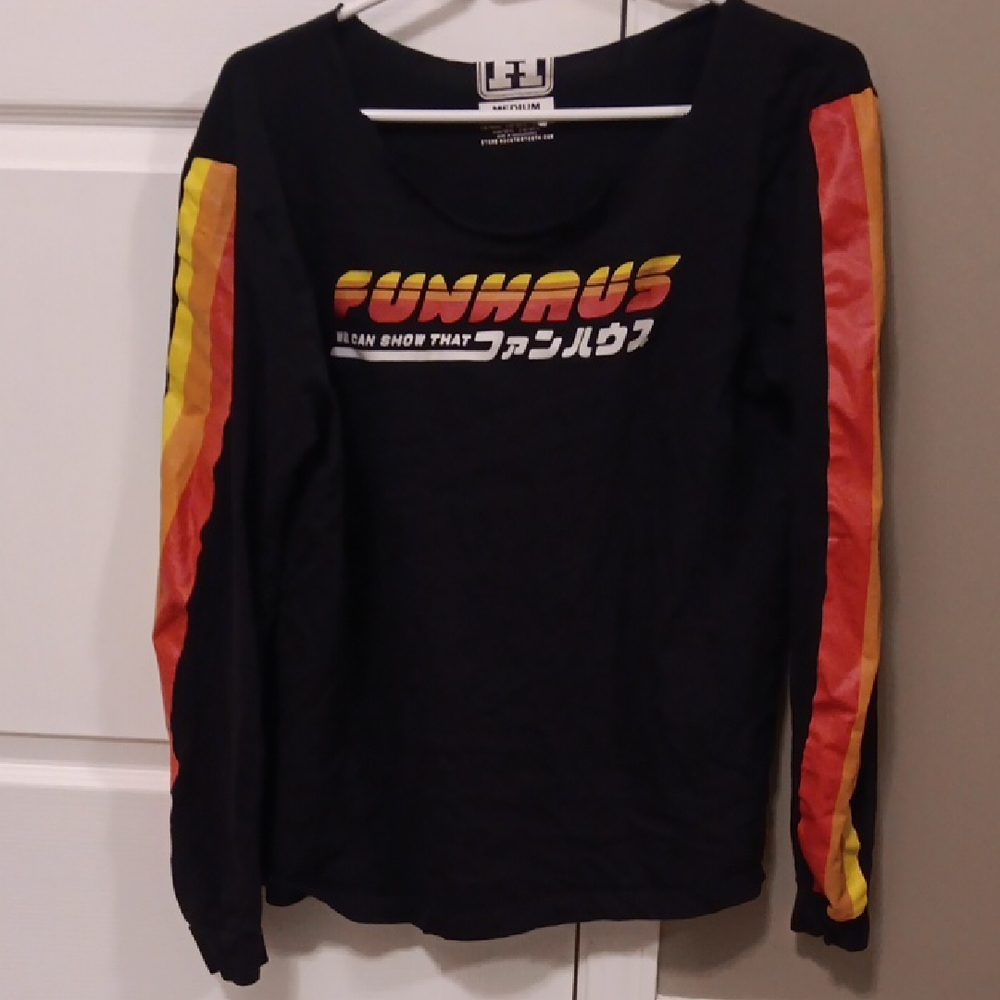 F1 Baggy Off The Shoulder Long Sleeve Shirt - Black with Red and Yellow Stripes